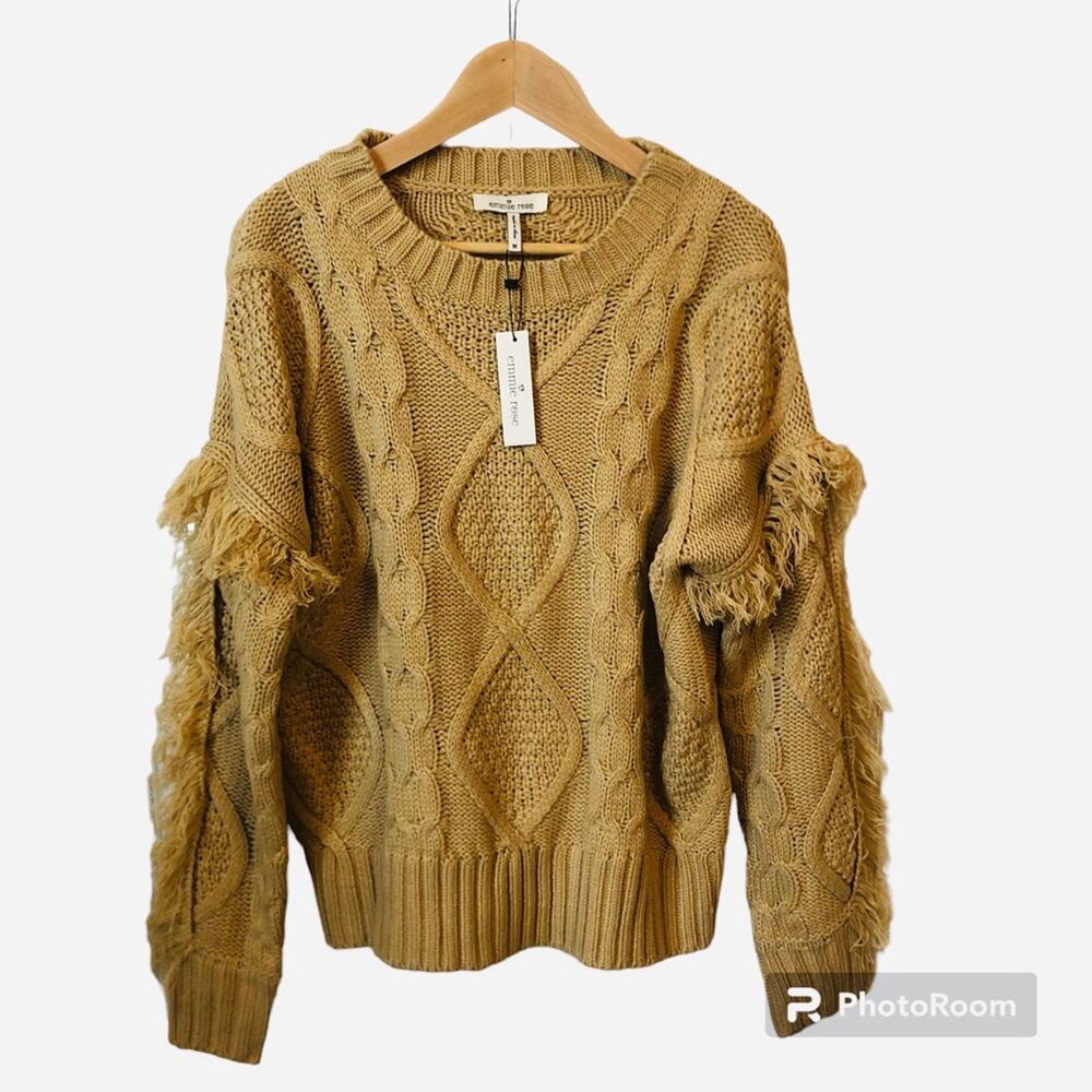 EEmmie Rose Cableknit Sweater Womens Med Brown Fringe Cottagecore Prairie Boho
